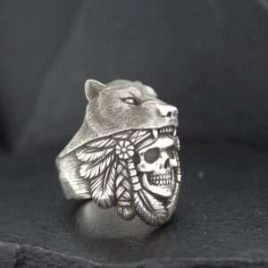 A detailed ring featuring a panther and a skull with wings design.