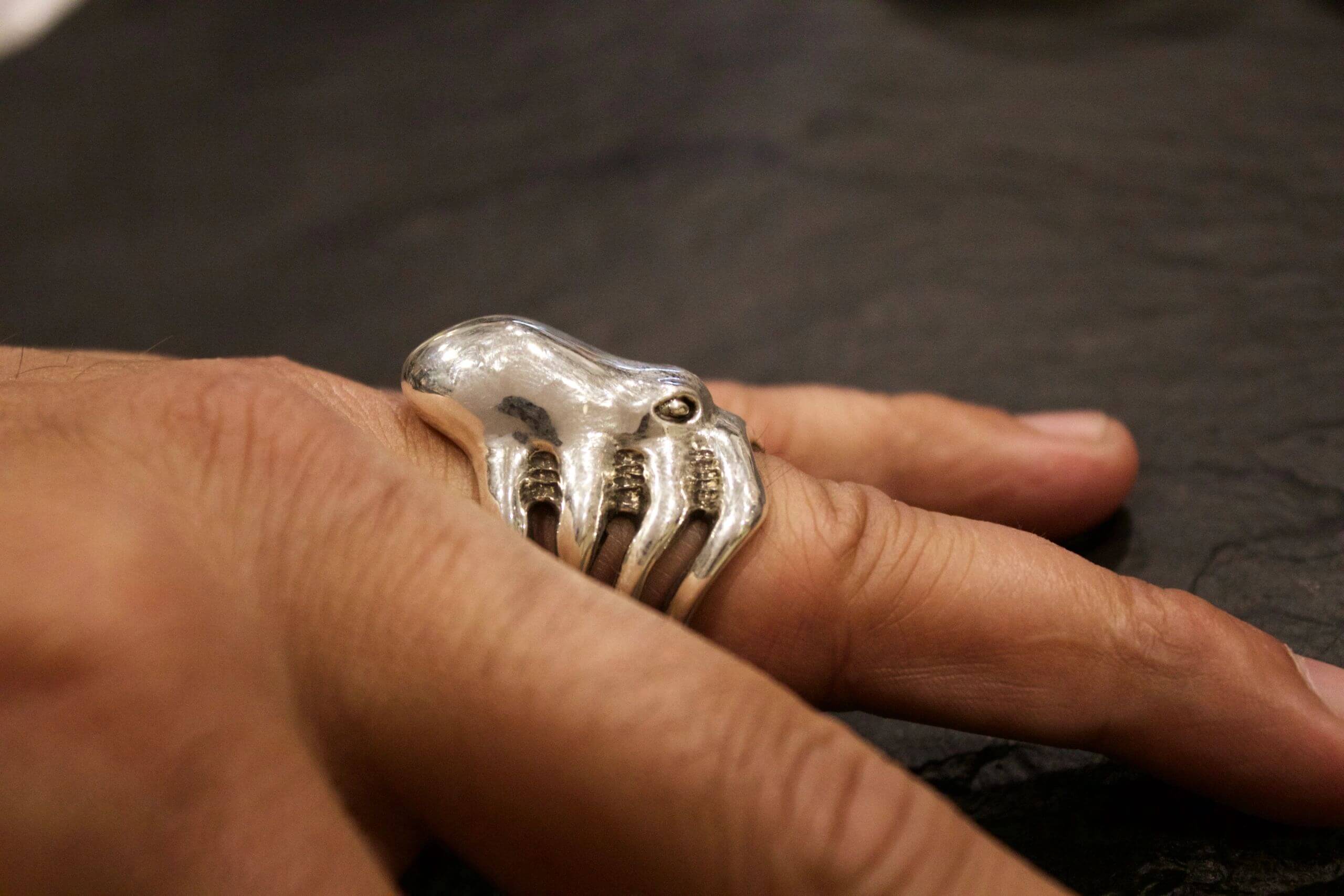 A silver claw-shaped ring worn on a finger.
