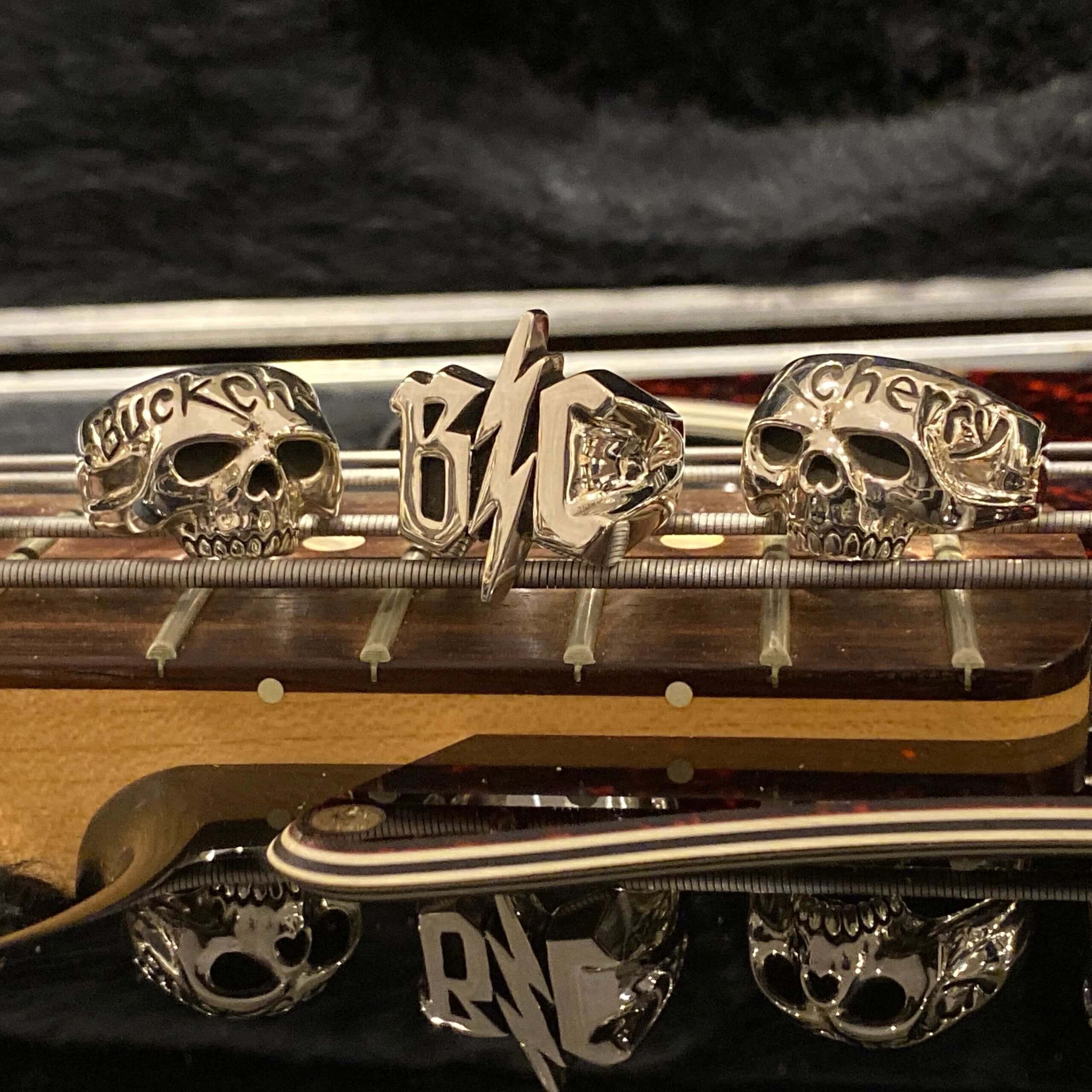 Close-up of guitar bridge with skull-shaped string retainers and engraved text.