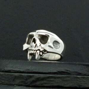 Silver skull ring with detailed teeth and hollow eyes.