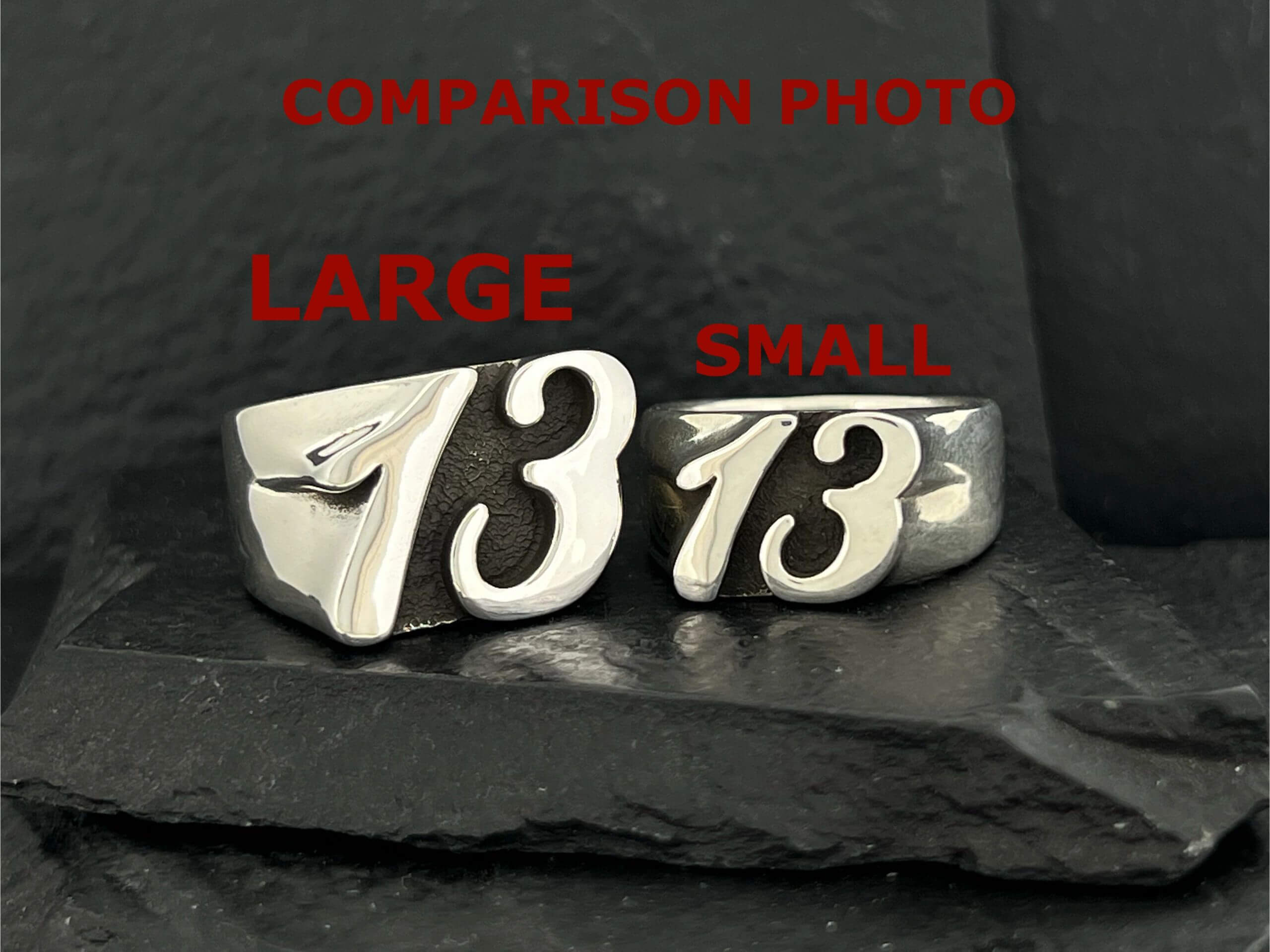 Comparison of large and small number 13 rings on a black background.