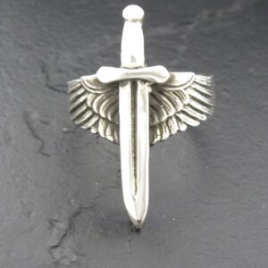 A silver pendant shaped like a sword with wings.