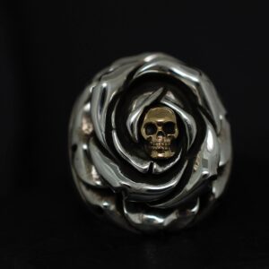 A metallic skull wrapped in a twisted silver design against a black background.