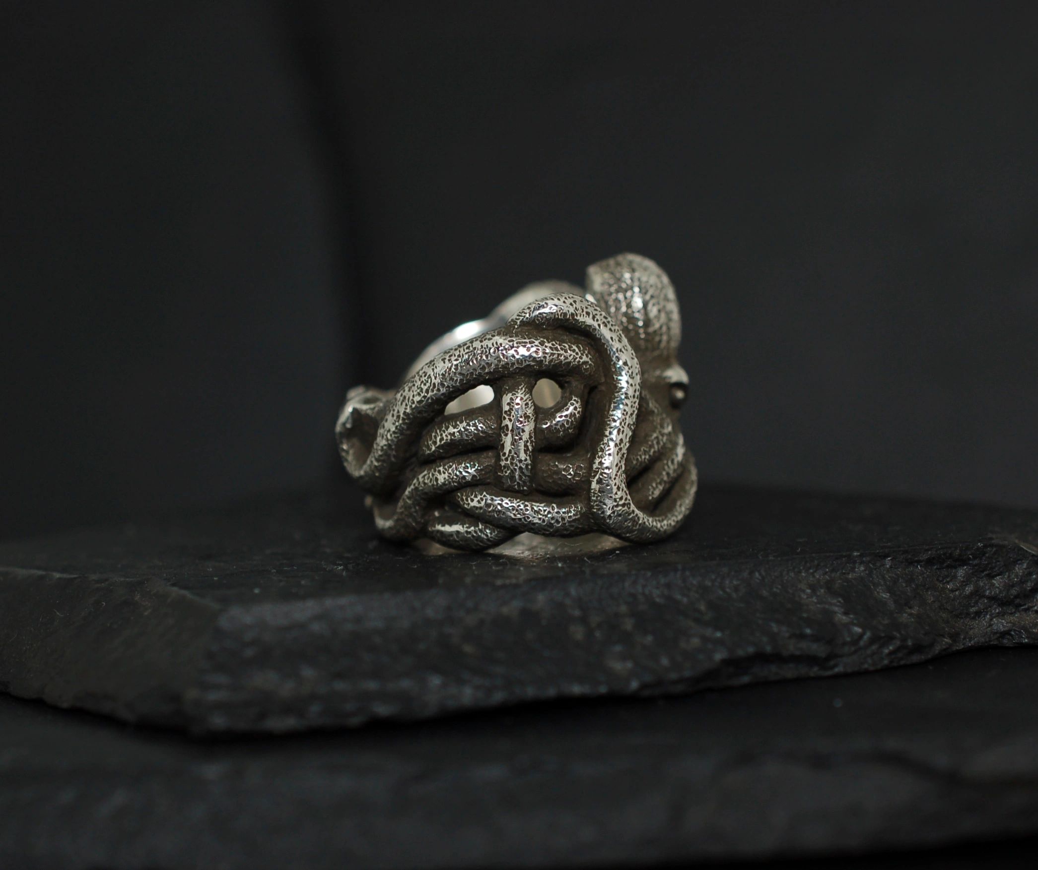 Intricate silver ring with a coiled serpent design on a dark surface.