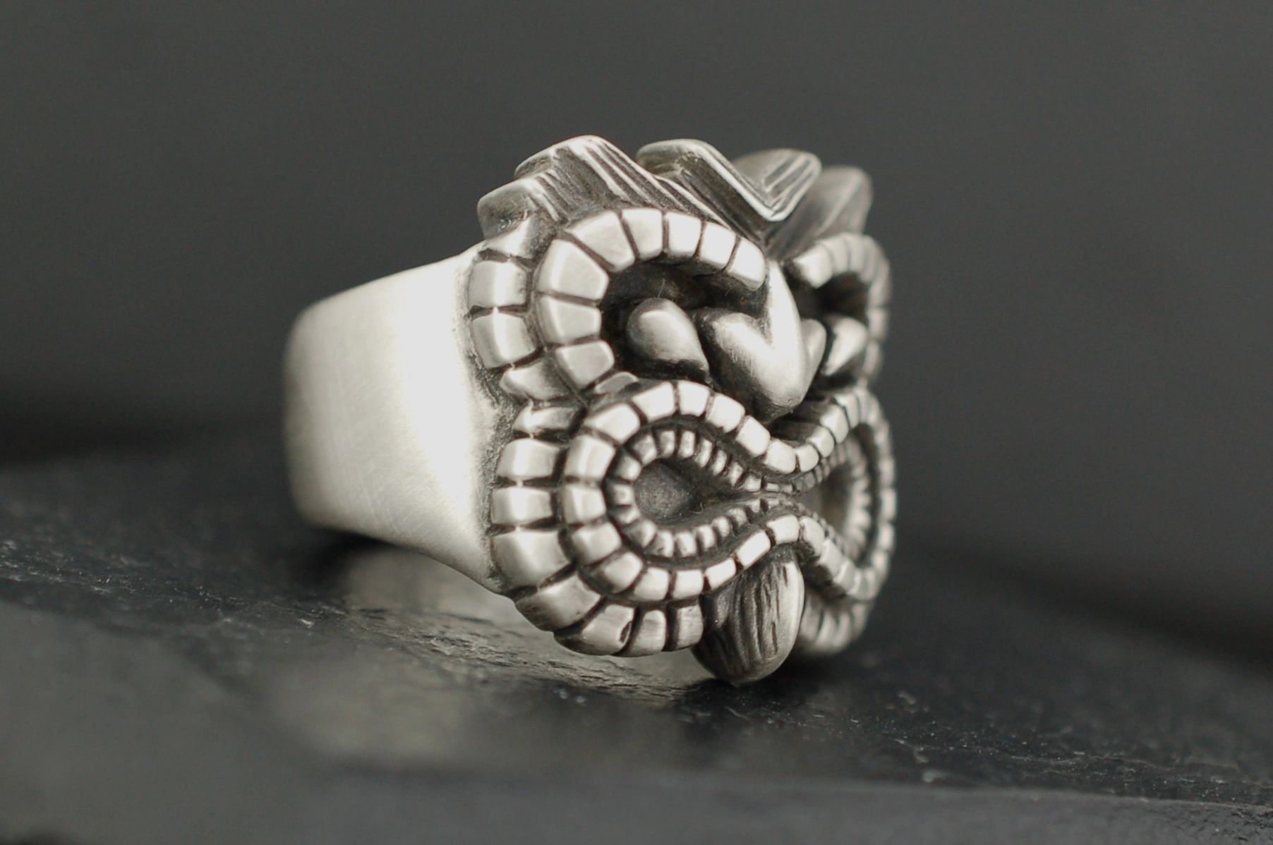 A silver ring with an intricate owl design.