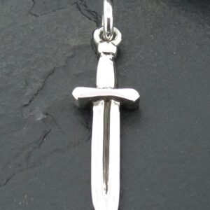 A silver sword pendant on a dark background.