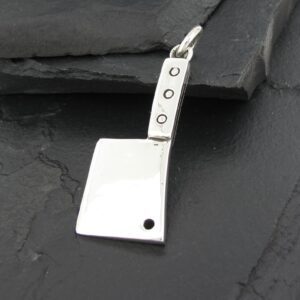 Silver cleaver-shaped pendant with a hole near the blade tip.