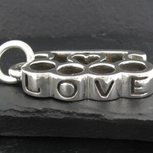 Silver charm with the word 'LOVE' engraved on it.