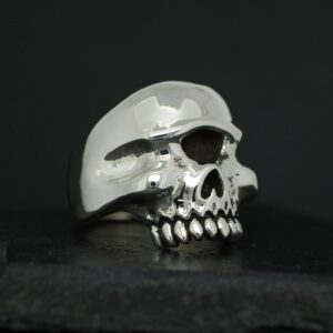 A shiny silver skull sculpture on a dark background.