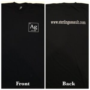 Black T-shirt with silver element symbol and website text on back.