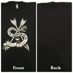Black t-shirt with a white artistic tribal design on the front and plain back.