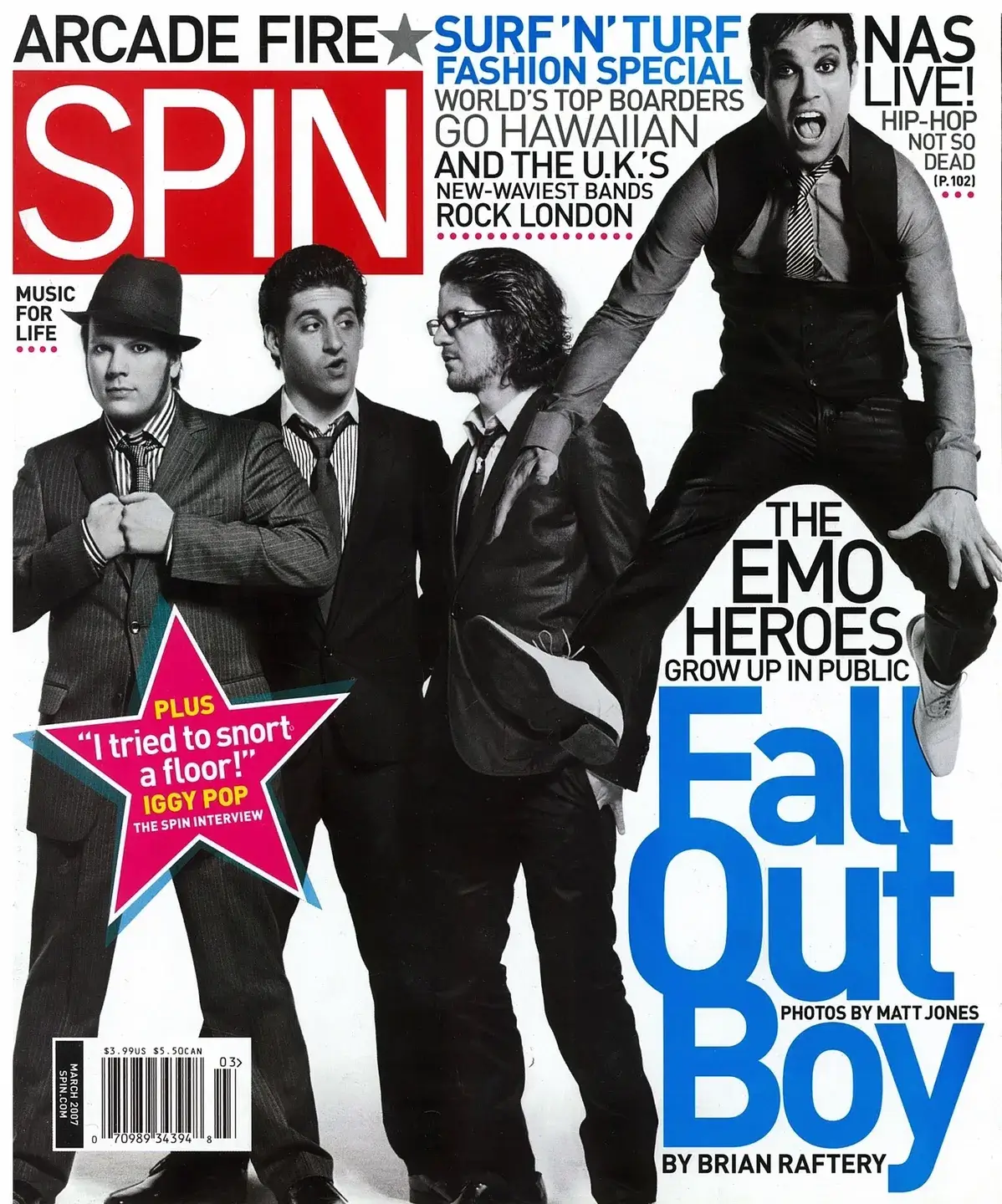 Fall Out Boy on magazine cover with black and white theme.